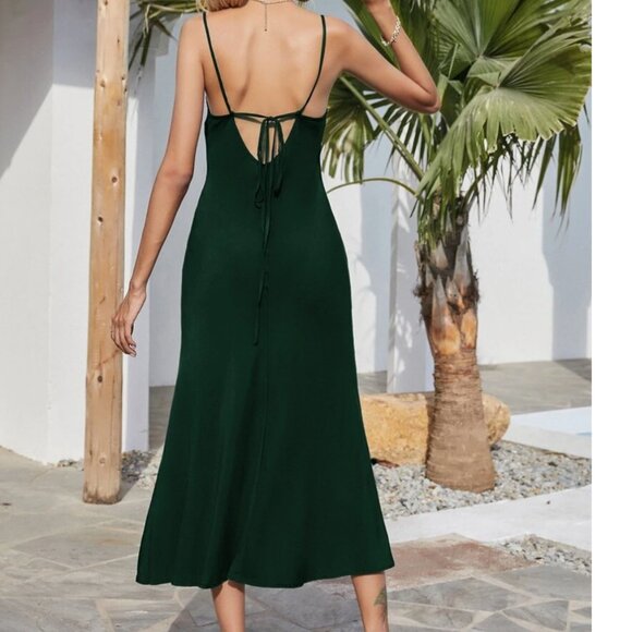 Dark Green Silky Cowl Neck Spaghetti Strap Open Back Midi Dress - Picture 5 of 11